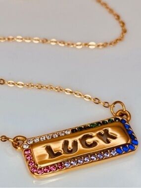 Gold 'Luck' Bar Necklace with Multicolor Stones